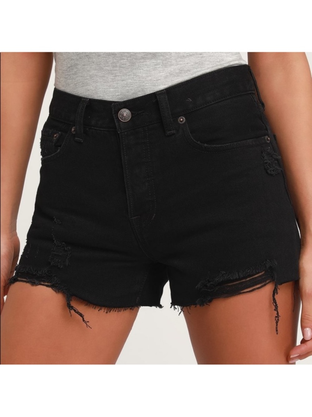 Free People True Black Distressed Denim Shorts